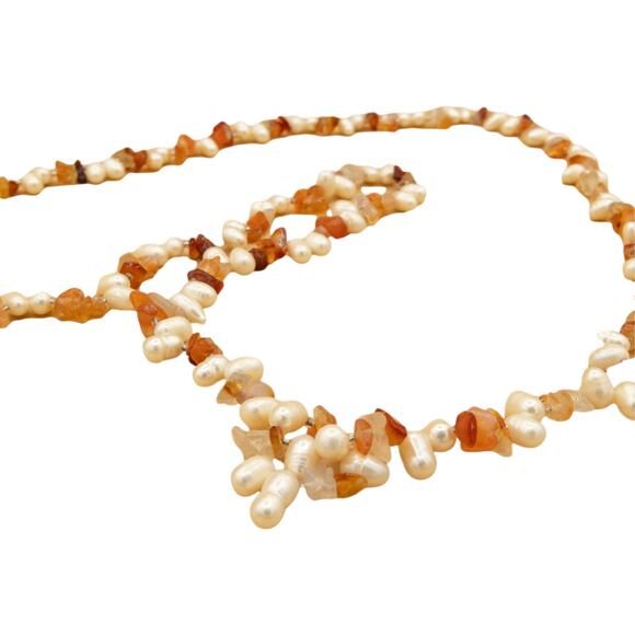 Vintage 90s Orange Citrine Cream Pearl Stone Necklace - Picture 2 of 5